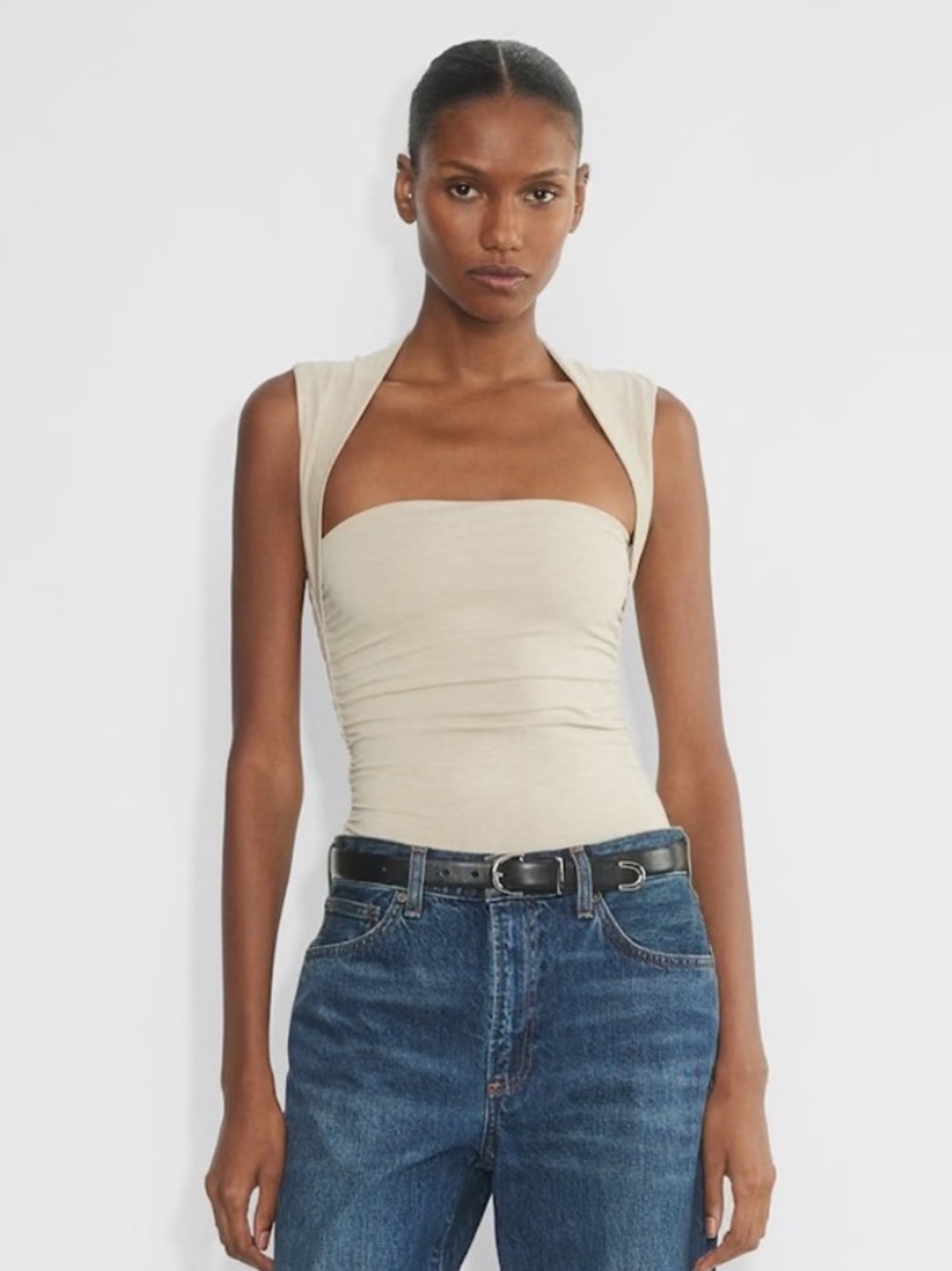 Aritzia Babaton Contour Flourish Ruched Bodysuit Beige Size S